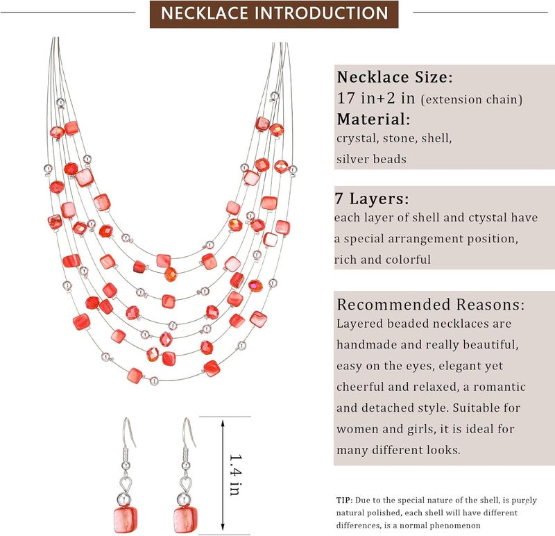 Errally Store Multi-Layer Boho Shell Beaded Necklace for Women Colorful Crystal Strand with Silver Beads Statement Collars Necklace and Earrings Costumes Jewelry Sets for Women - Image 5